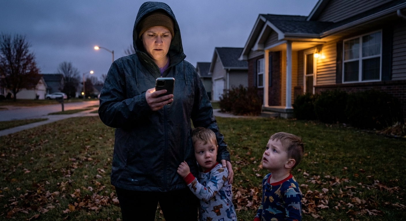 A parent holding a phone while standing on a front lawn with two children in pajamas, looking concerned outside a house at dusk, realistic photo