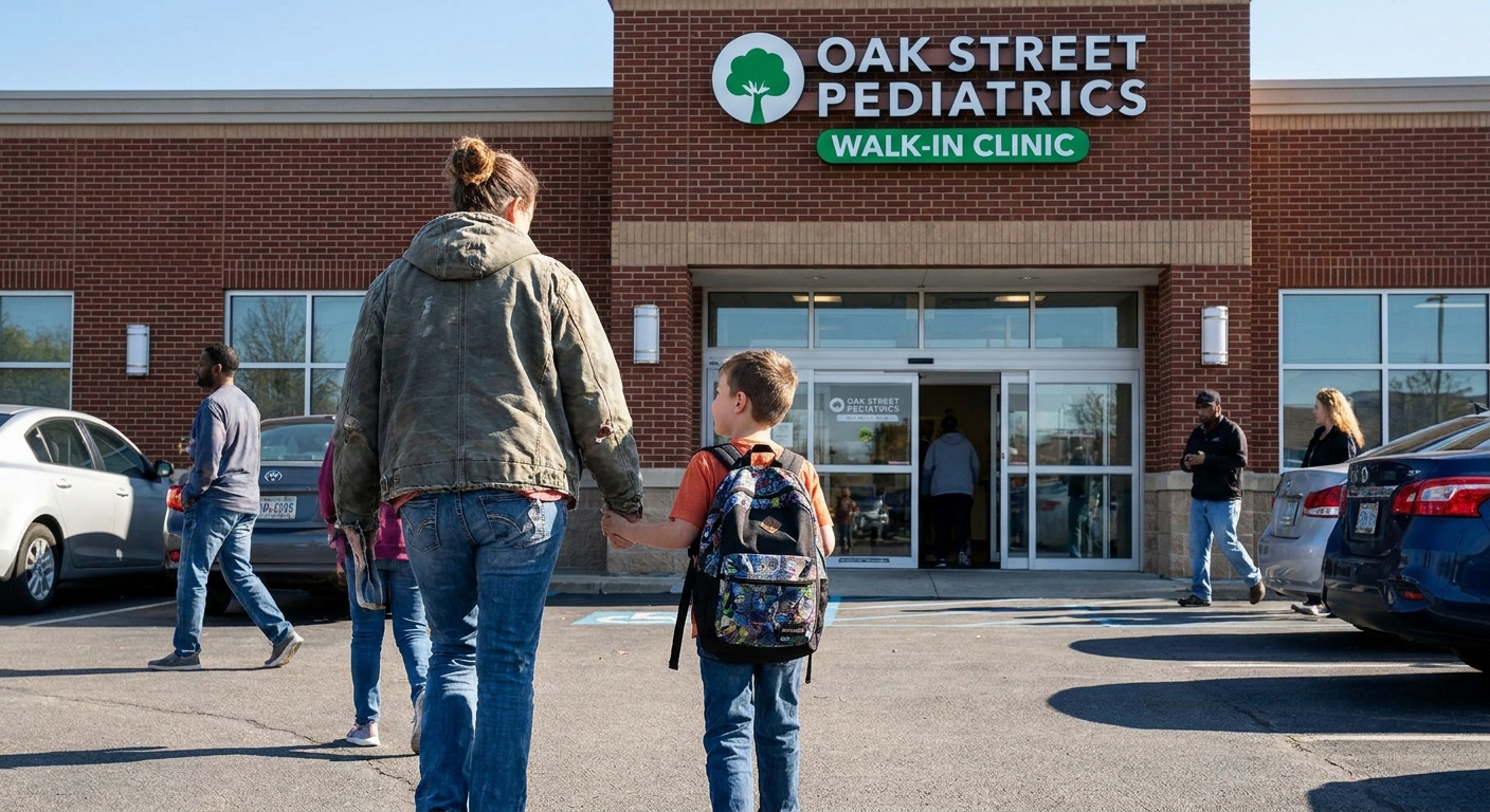 A parent holding a school-age child's hand while walking into a pediatric clinic building in daylight, candid real-life photo