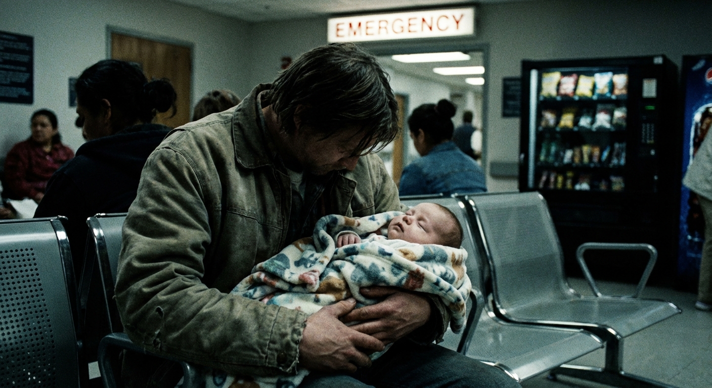 A parent holding a sleepy baby wrapped in a blanket while sitting in a hospital emergency room waiting area, candid realistic photo