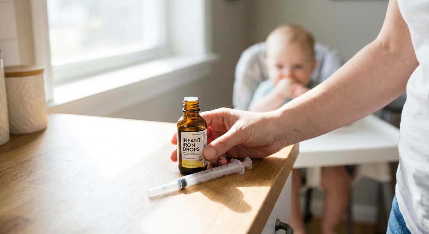 A parent holding a small bottle of infant iron drops next to a baby medicine syringe on a kitchen counter in natural window light, photorealistic