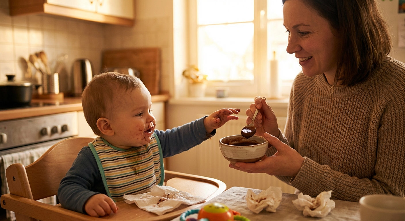 A parent holding a small bowl of prune puree next to a baby in a high chair reaching toward the bowl, warm indoor lighting, realistic lifestyle photo