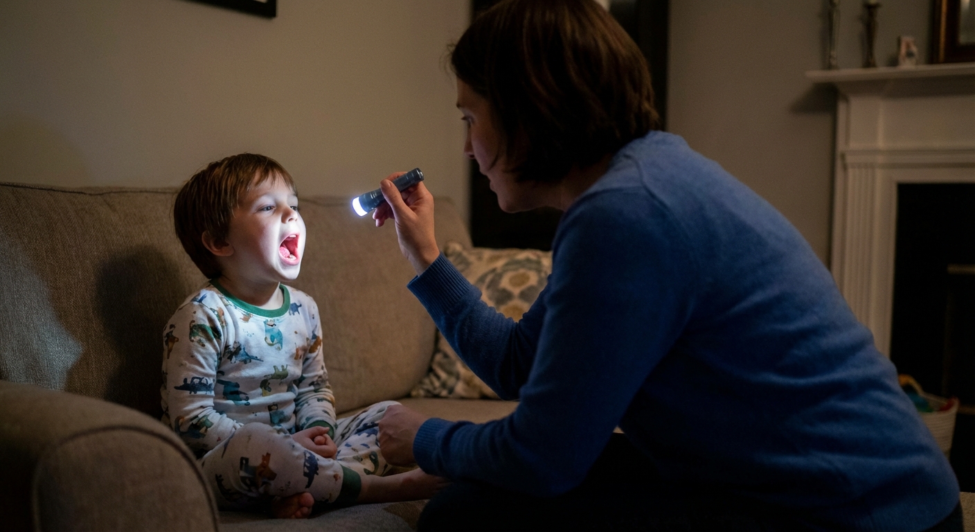 A parent holding a small flashlight while a child opens their mouth for a throat check, showing enlarged tonsils