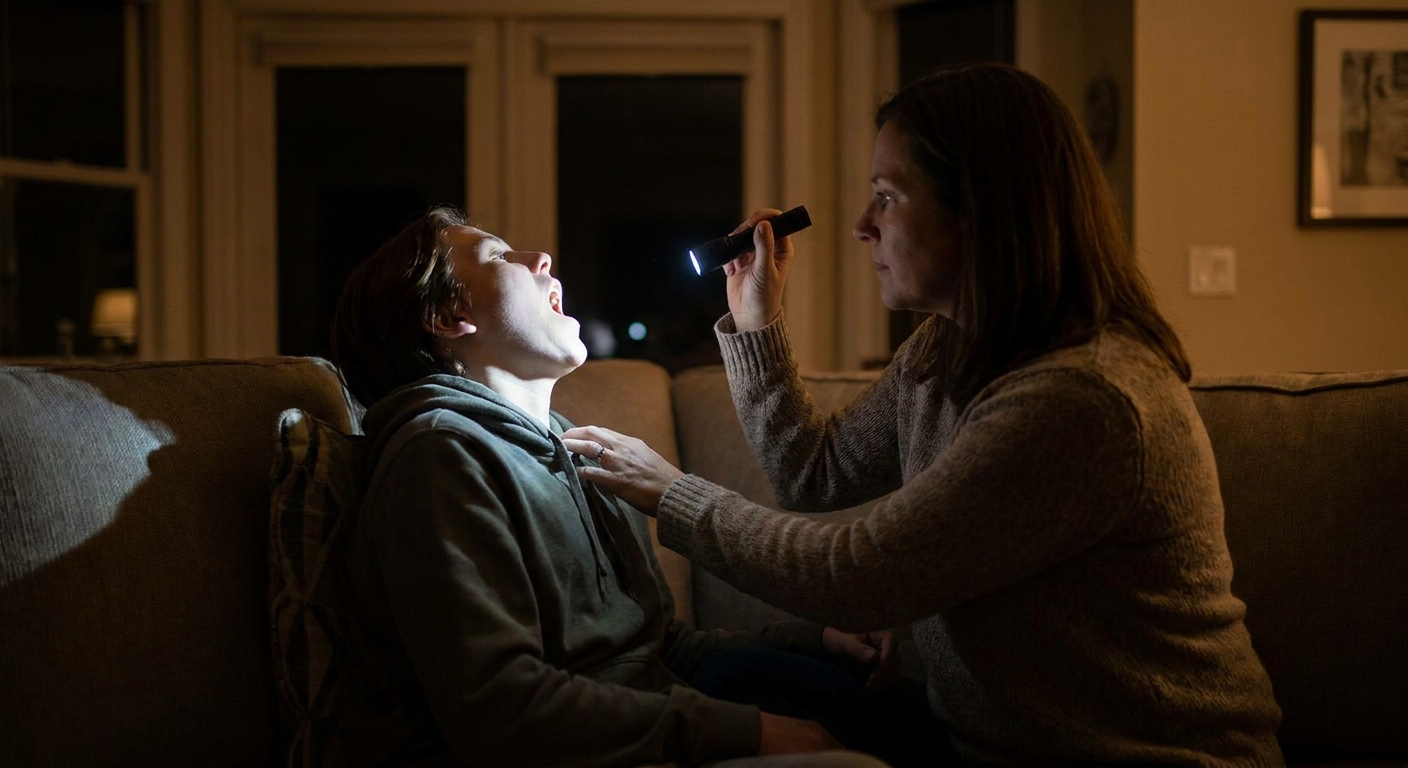 A parent holding a small flashlight while a teenager tilts their head back to show the back of the throat, realistic indoor photo