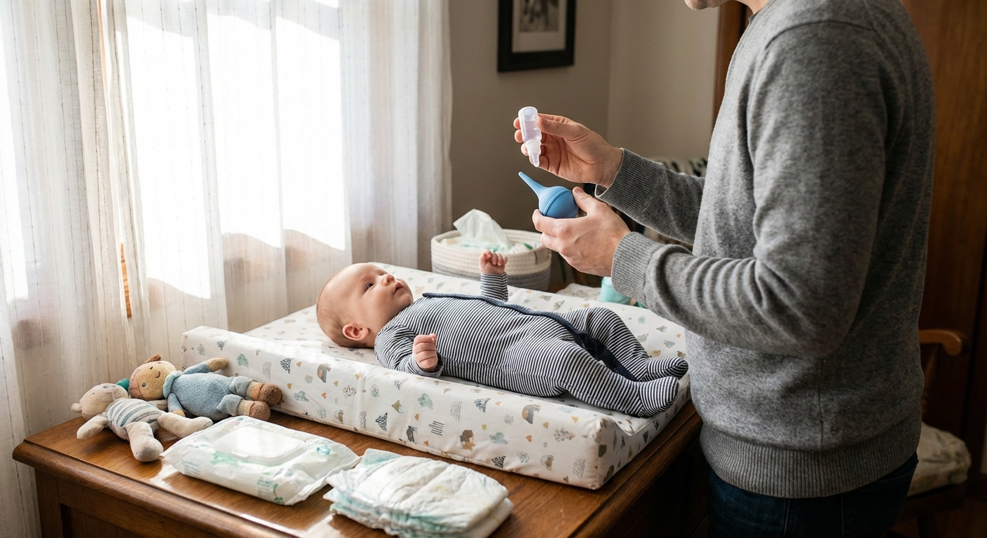 A parent holding a small saline drop bottle and a bulb syringe near a baby lying calmly on a changing table, natural window light, realistic home photo