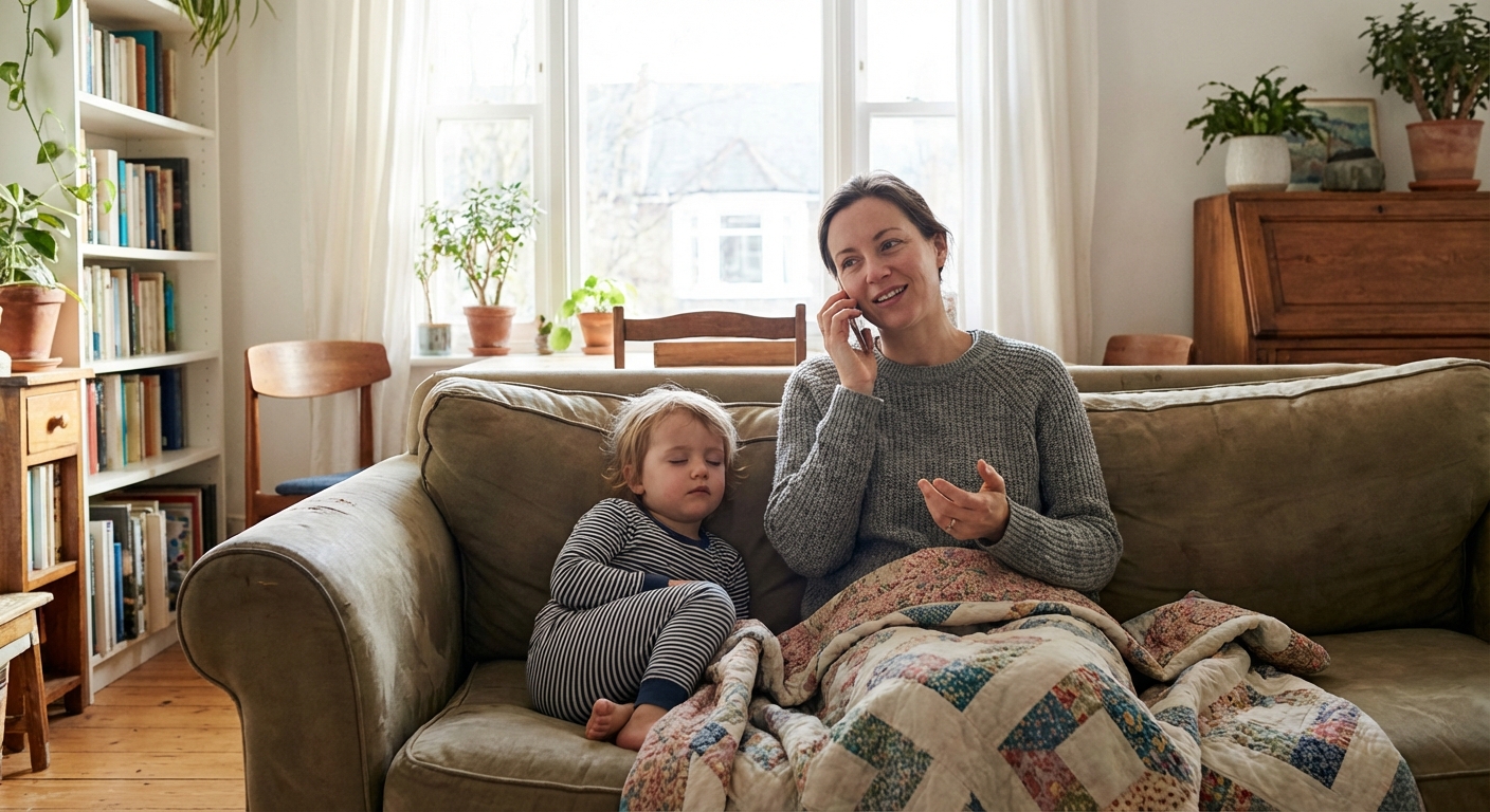 A parent holding a smartphone and speaking calmly while sitting beside a child resting on a couch with a blanket, natural indoor light