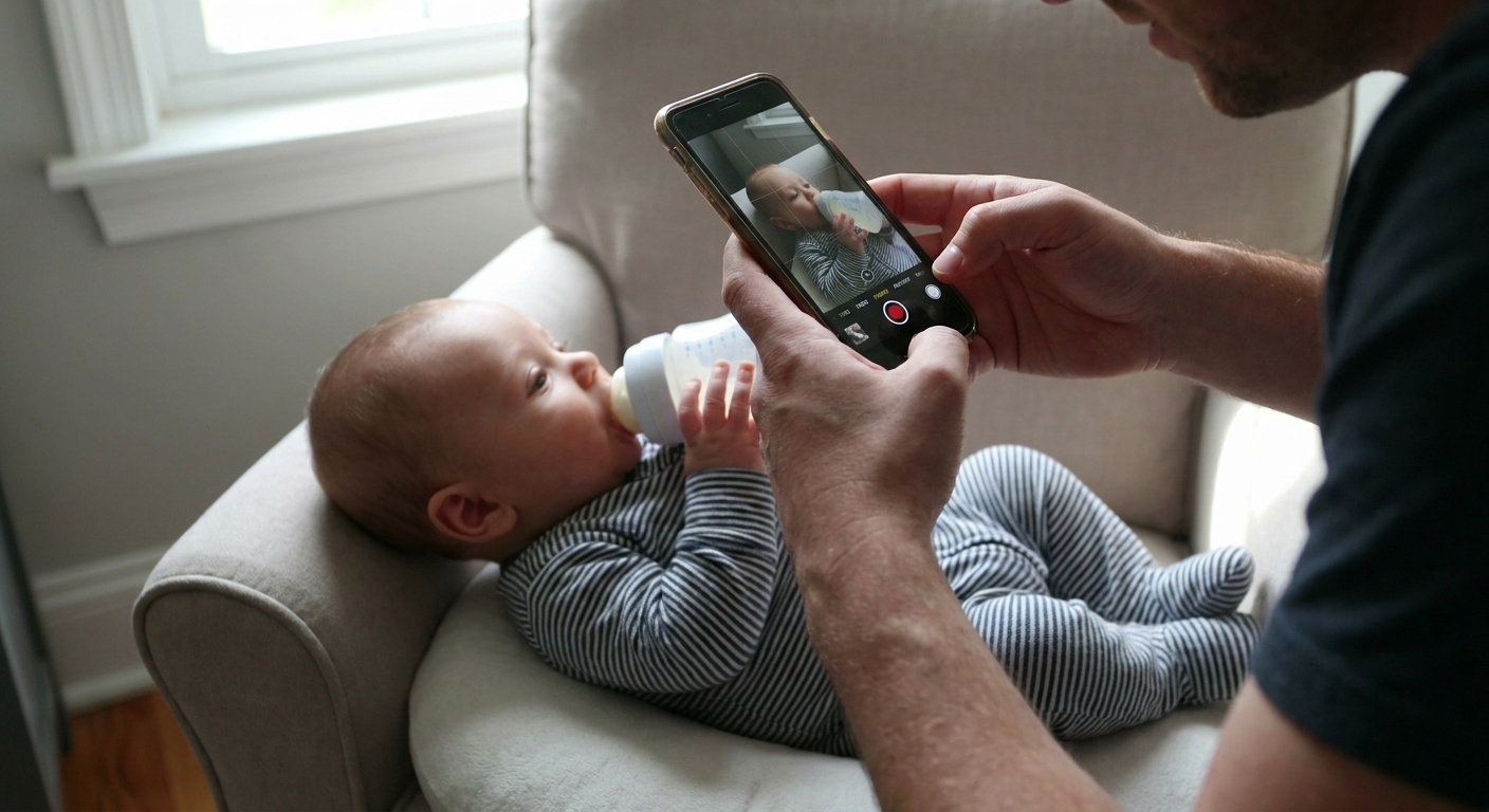 A parent holding a smartphone discreetly to record a baby during a feeding, focused on capturing the baby's face and body position in natural indoor light