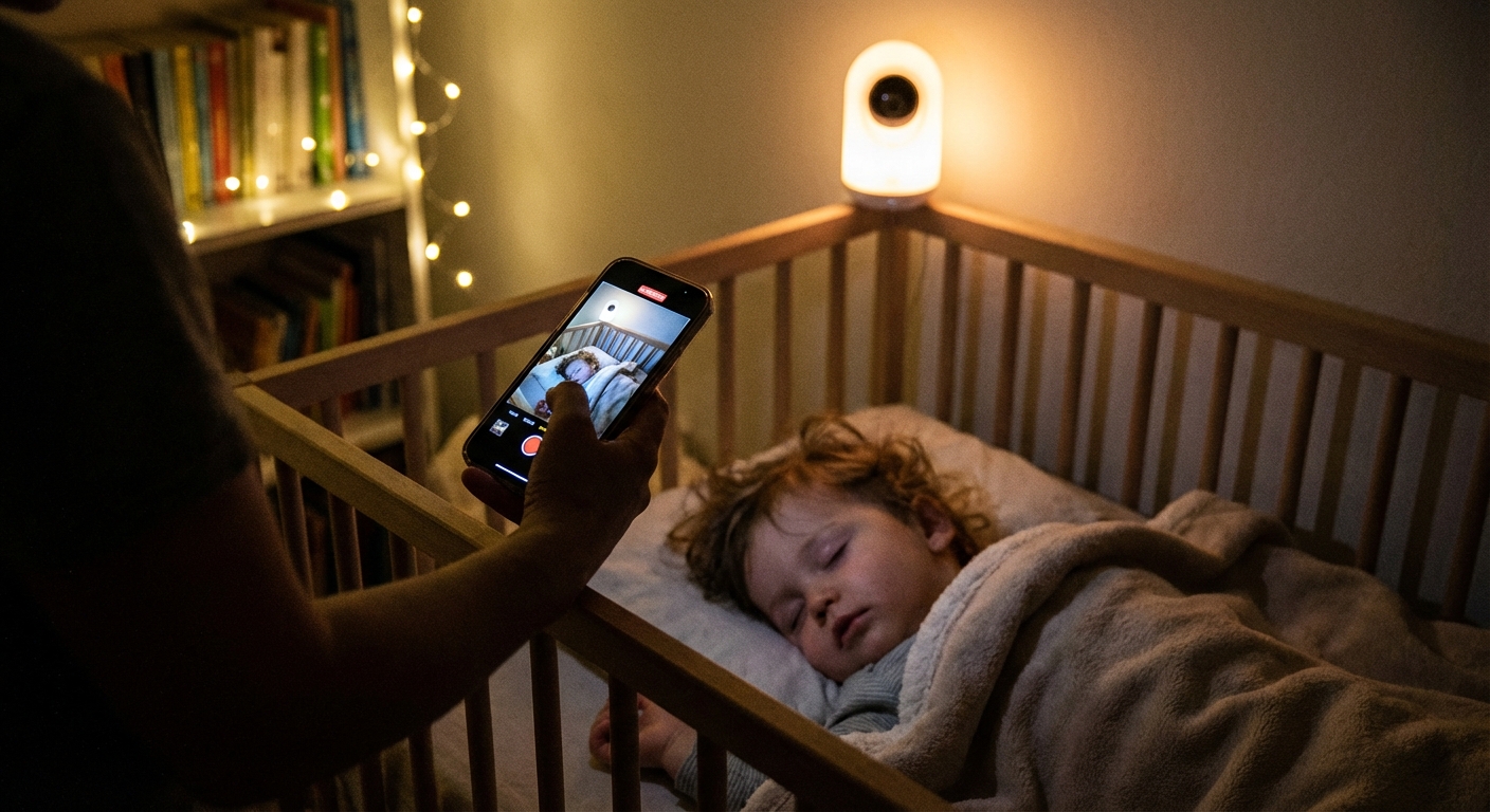 A parent holding a smartphone near a toddler sleeping in a crib, capturing a short nighttime video in a softly lit room, realistic family lifestyle photo