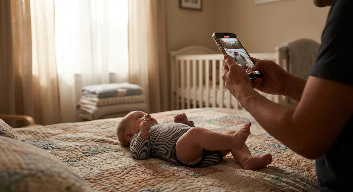 A parent holding a smartphone to record a brief repetitive movement in an infant lying on a blanket in a softly lit bedroom, realistic photograph