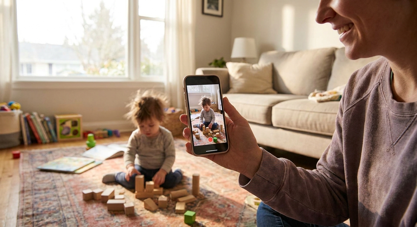 A parent holding a smartphone to take a candid photo of a toddler playing on a living room floor in natural light, real-life family photo