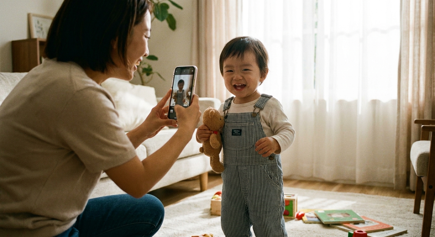 A parent holding a smartphone to take a photo of a toddler standing in a softly lit room, candid family moment