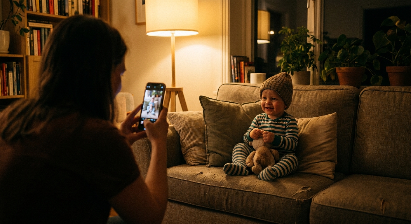 A parent holding a smartphone to take an indoor photo of a toddler sitting on a couch in evening light, candid family photo