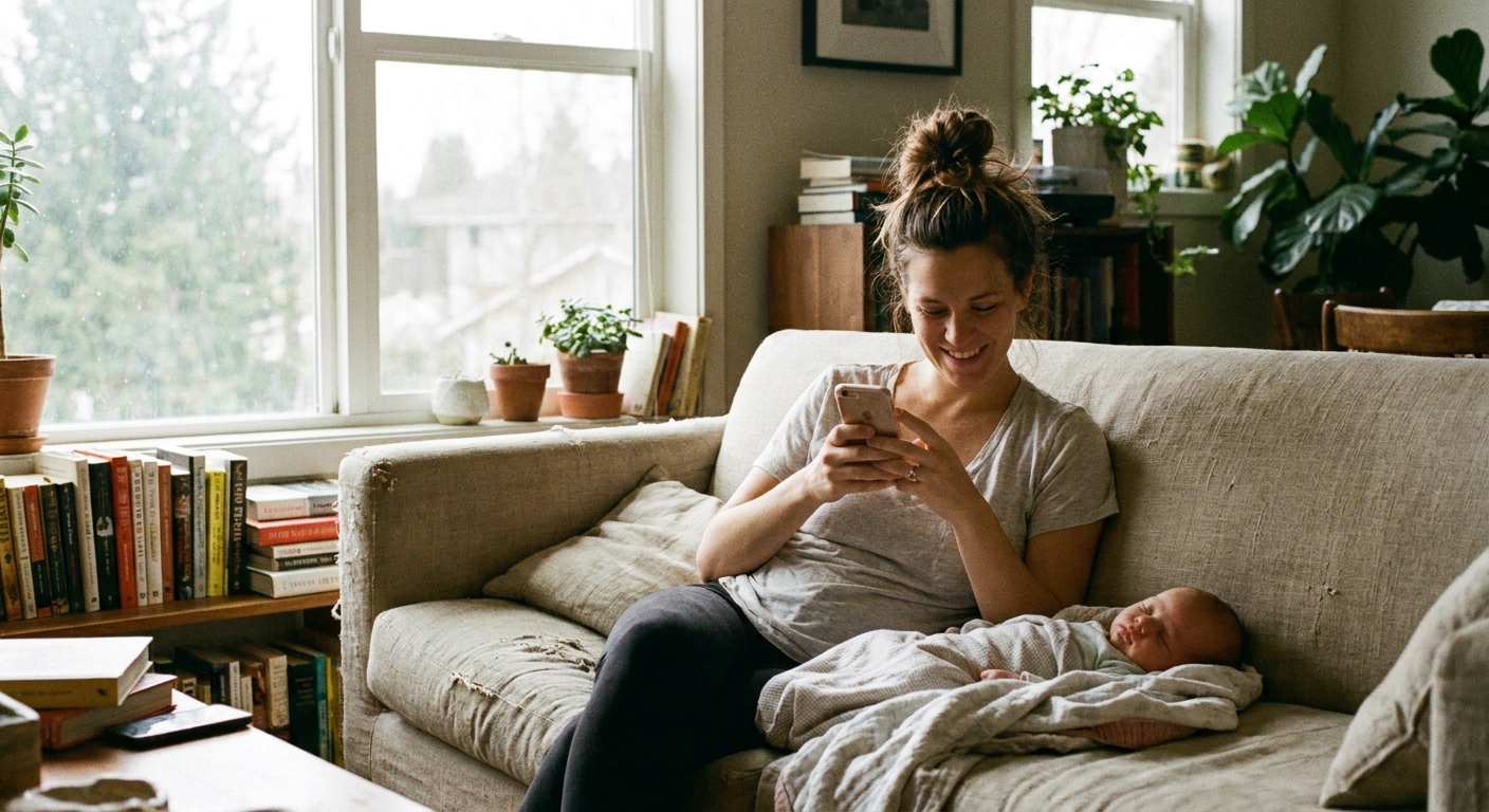 A parent holding a smartphone while sitting beside a baby on a couch at home, daylight through a window