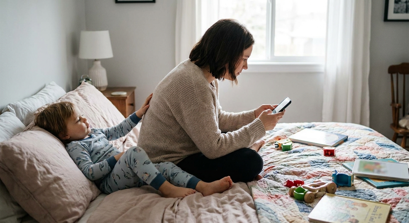 A parent holding a smartphone while sitting next to a child on a bed at home, the parent’s other hand gently resting on the child’s shoulder, candid photo style