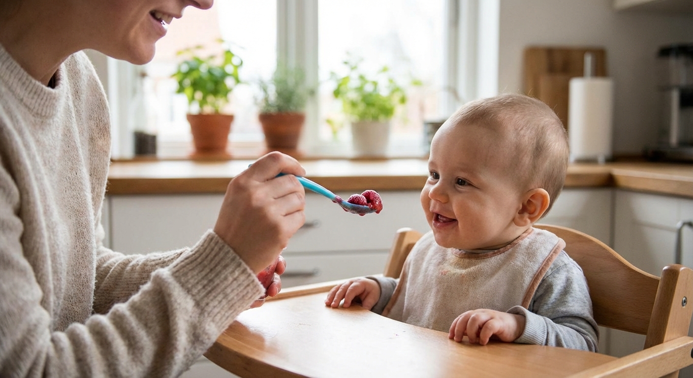 A parent holding a spoon with chilled fruit puree near a baby seated in a high chair, soft natural kitchen lighting, photorealistic