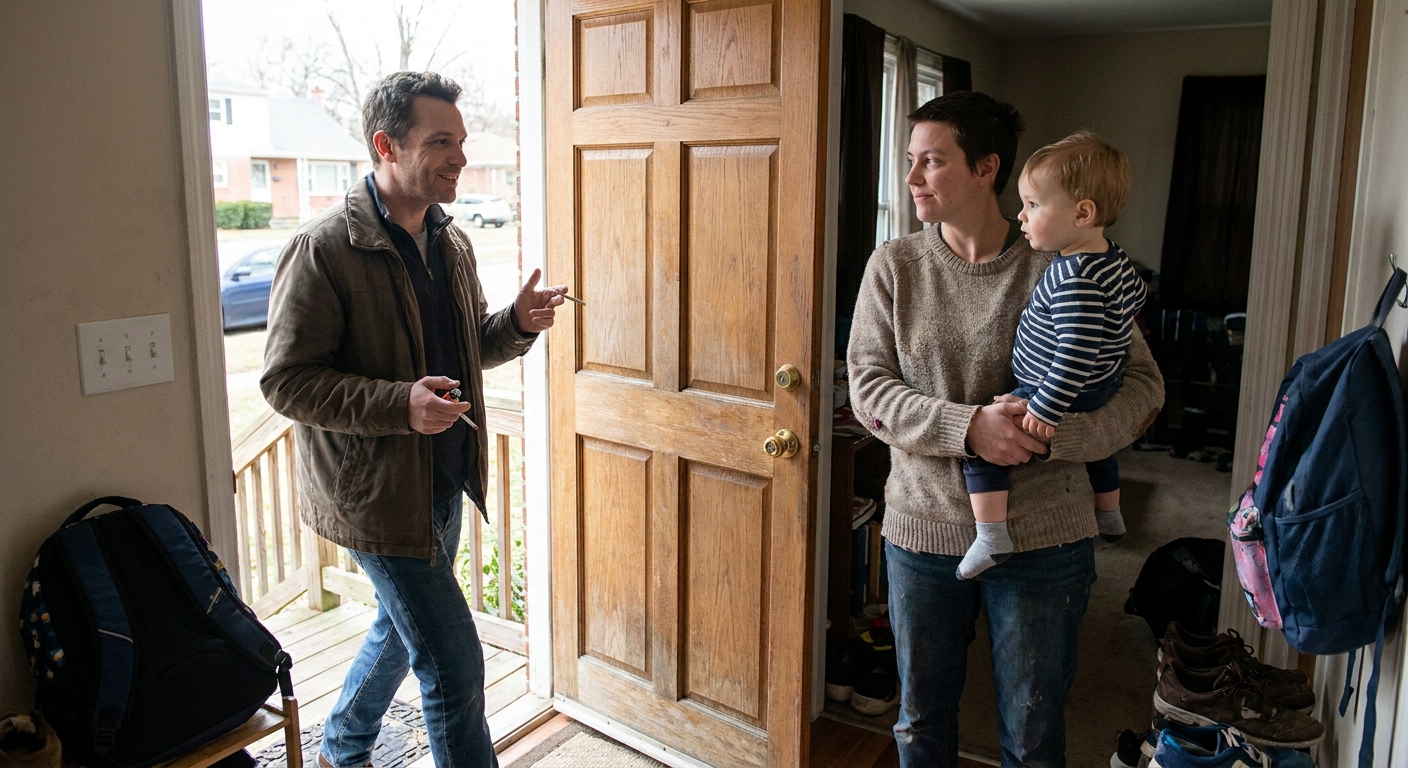 A parent holding a toddler at the front door while an adult relative steps outside to smoke, showing a calm boundary-setting moment in a real home, documentary photo style