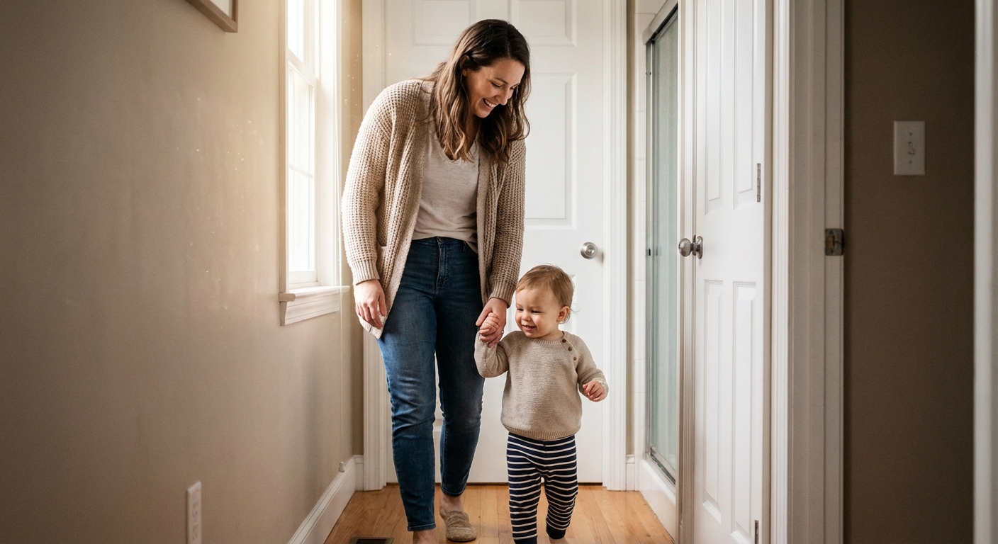 A parent holding a toddler's hand while walking toward a bathroom door at home, soft natural light, candid reassuring family moment, realistic photography