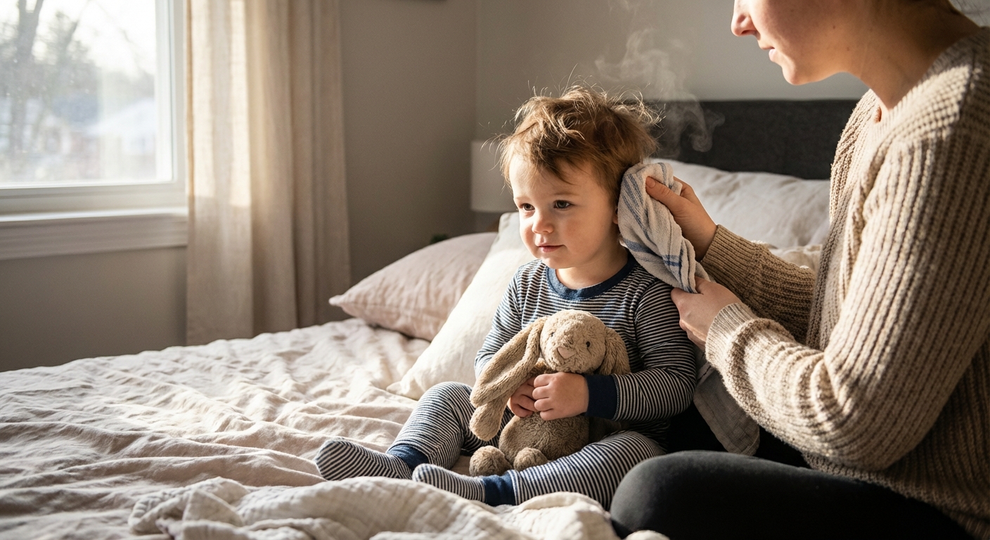 A parent holding a warm washcloth gently against a toddler's ear while the toddler sits calmly on a bed with a stuffed animal, natural indoor lighting, realistic photo