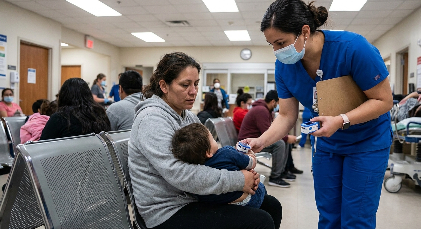 A parent holding a young child in an emergency department waiting area while a triage nurse approaches with a pulse oximeter, realistic photography style