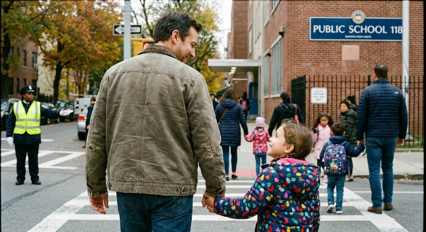A parent holding a young child’s hand while walking toward a school entrance in the morning, candid real-life photography style