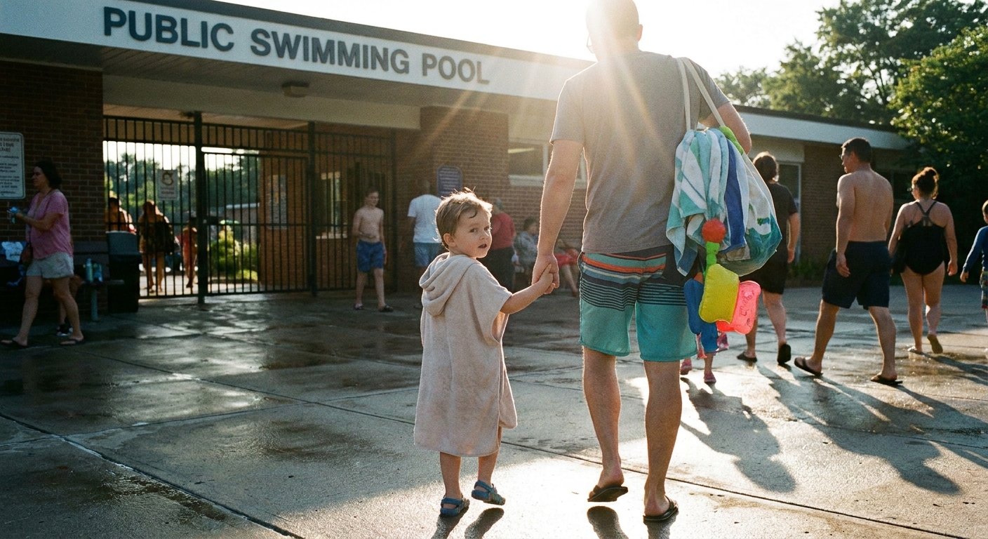 A parent holding a young child’s hand while walking away from the entrance of a public swimming pool on a sunny day, realistic candid photo