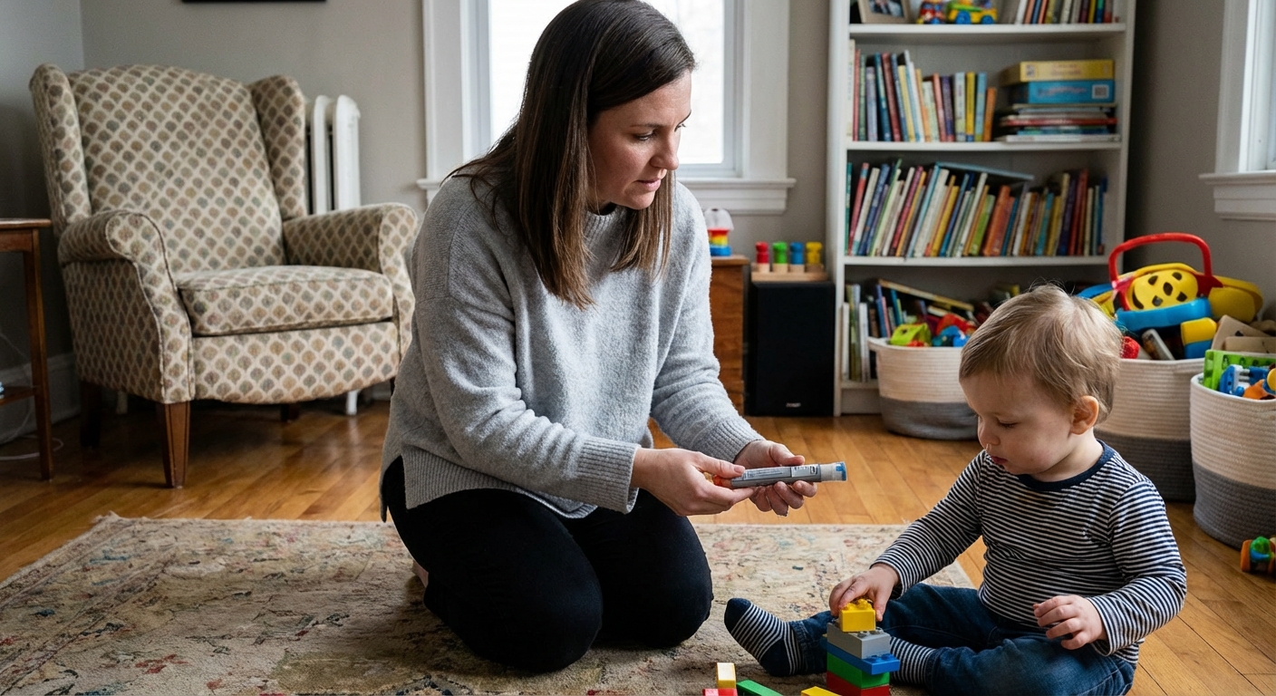 A parent holding an epinephrine auto-injector in their hand next to a toddler seated on the floor at home, natural indoor lighting, realistic candid photo