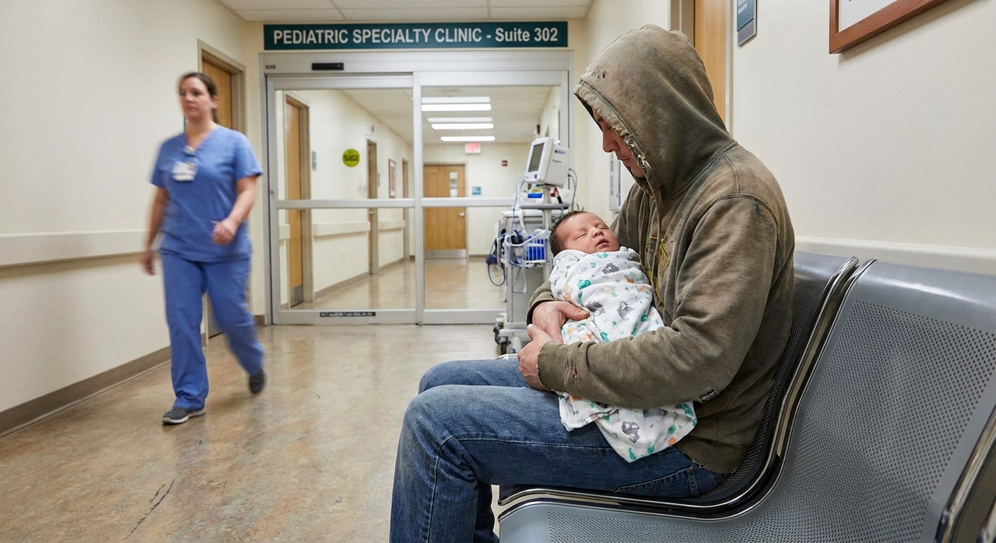 A parent holding an infant in a hospital hallway outside a pediatric specialty clinic, realistic photo