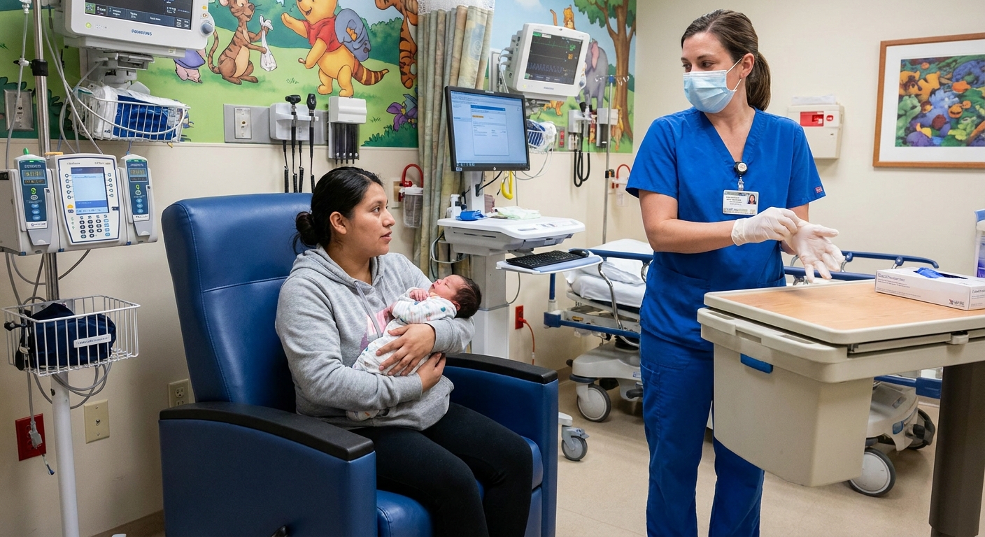 A parent holding an infant in a pediatric emergency department room while a clinician prepares to examine the baby, realistic hospital photograph