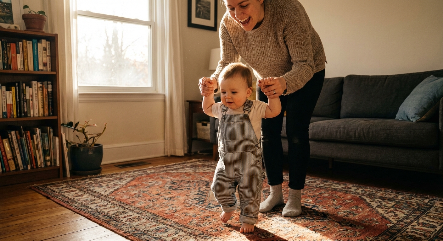 A parent holding both hands of a one-year-old taking first steps on a living room rug in natural window light, candid family photo