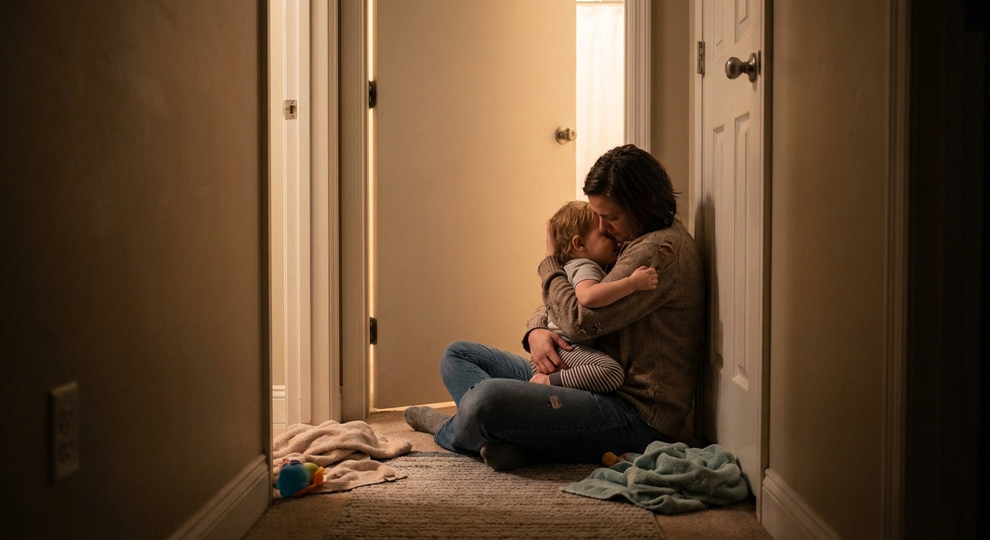 A parent hugging a toddler in a softly lit hallway outside a bathroom, both sitting on the floor in a quiet reassuring moment, candid photorealistic lifestyle photo