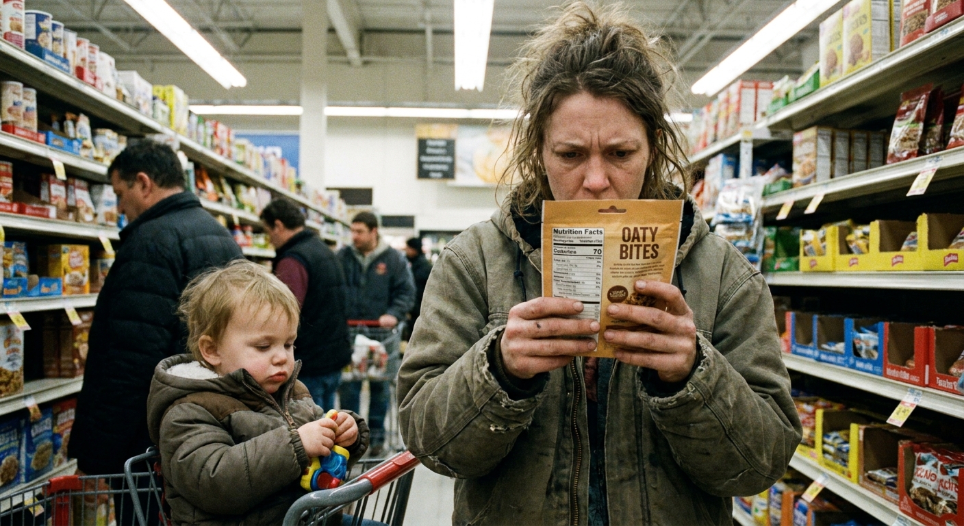 A parent in a grocery store aisle holding a packaged snack and carefully reading the ingredient label while a toddler sits in the shopping cart, candid real-life photo
