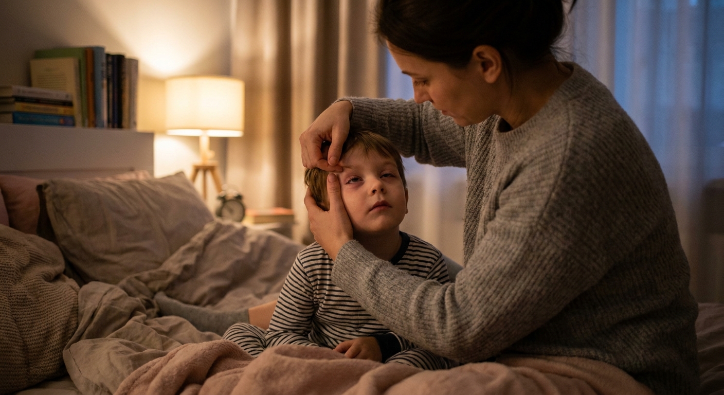 A parent in a softly lit bedroom gently lifting a child’s upper eyelid to check swelling, the child looking tired but calm, realistic lifestyle photography
