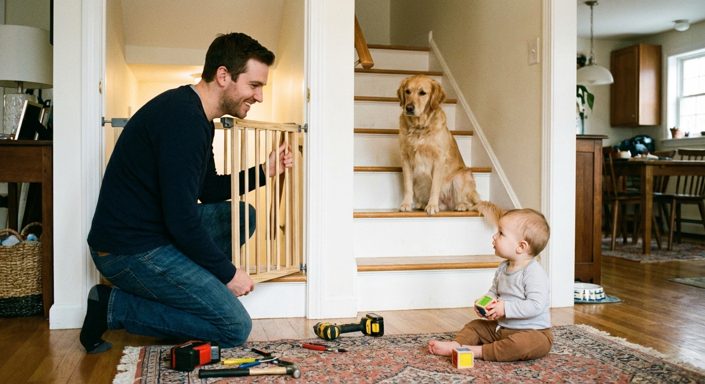 A parent installing a baby gate at the bottom of a staircase while a baby sits nearby