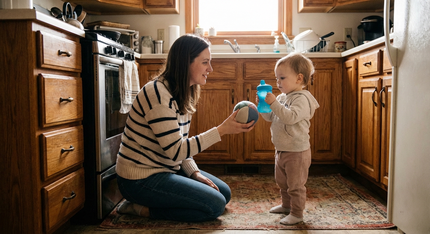 A parent kneeling at a toddler's eye level in a kitchen, gently taking a plastic cup from the child's hand while offering a soft ball, calm facial expressions, realistic candid family photo