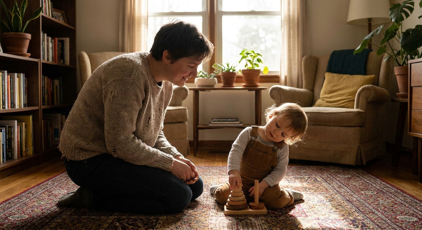 A parent kneeling at eye level watching a toddler who is tilting their head while focusing on a toy in a softly lit living room, real photograph