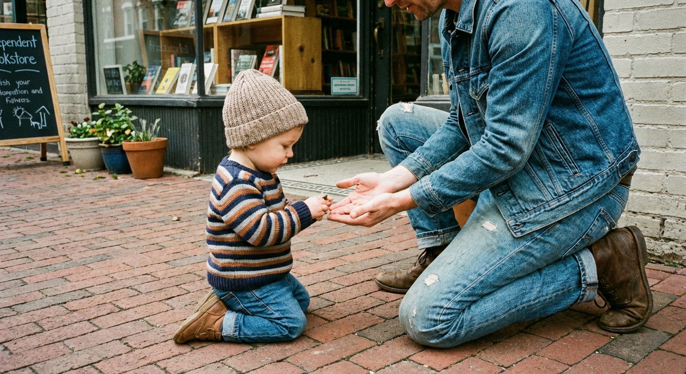 A parent kneeling at eye level with a toddler on a sidewalk outside a store, the parent holding a calm posture with open hands, natural daylight, candid photojournalism style