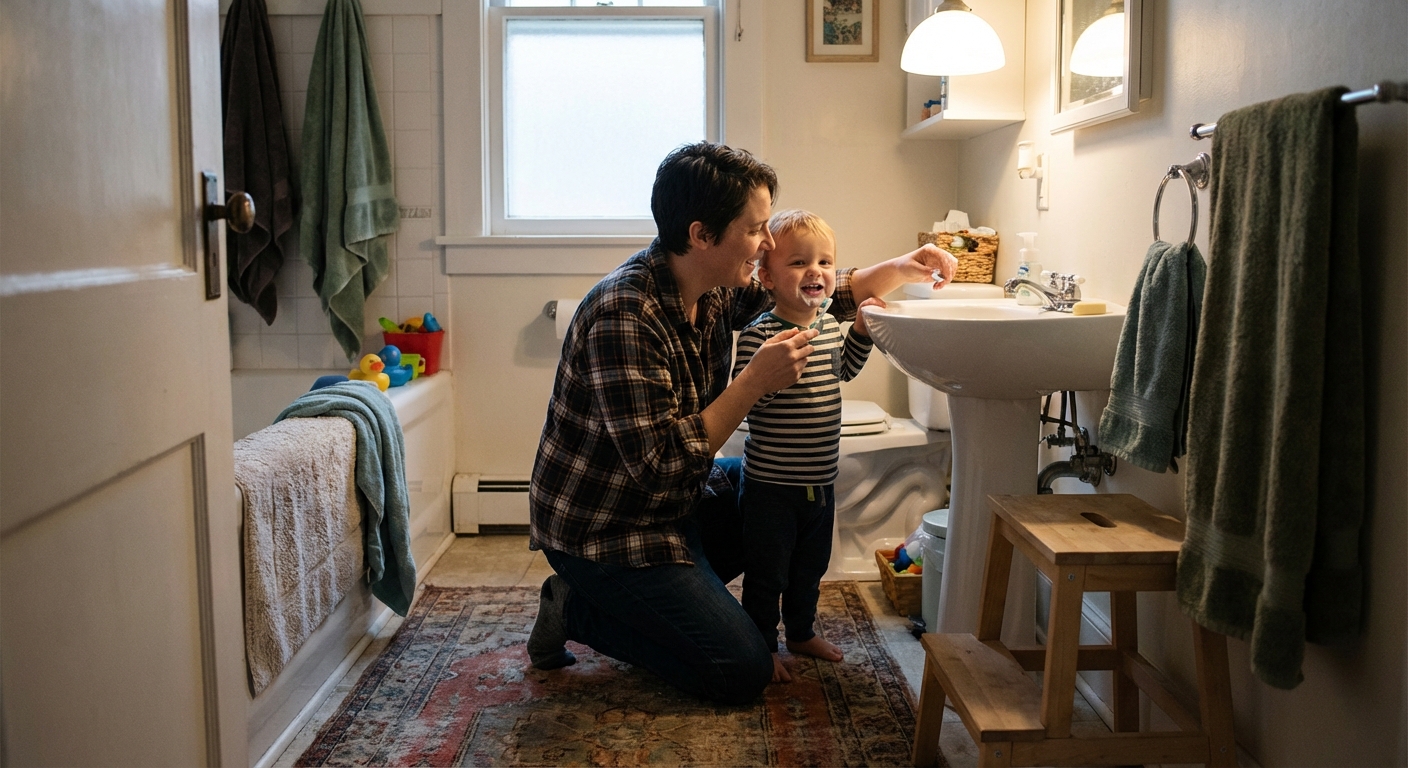 A parent kneeling beside a bathroom sink helping a toddler brush their teeth, warm home lighting, candid real-life photograph