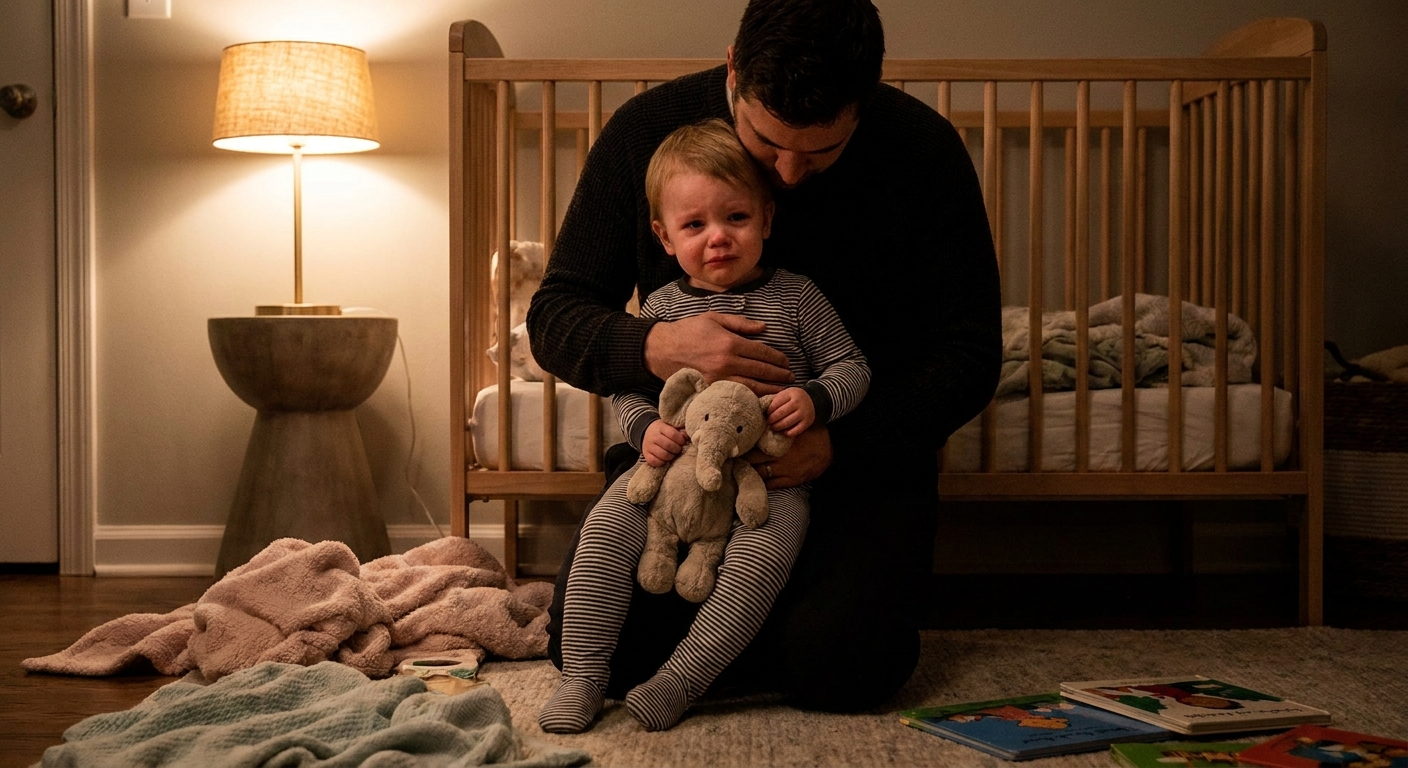 A parent kneeling beside a crying toddler in pajamas next to a crib in a softly lit bedroom, offering a calm hug while the toddler clutches a stuffed animal
