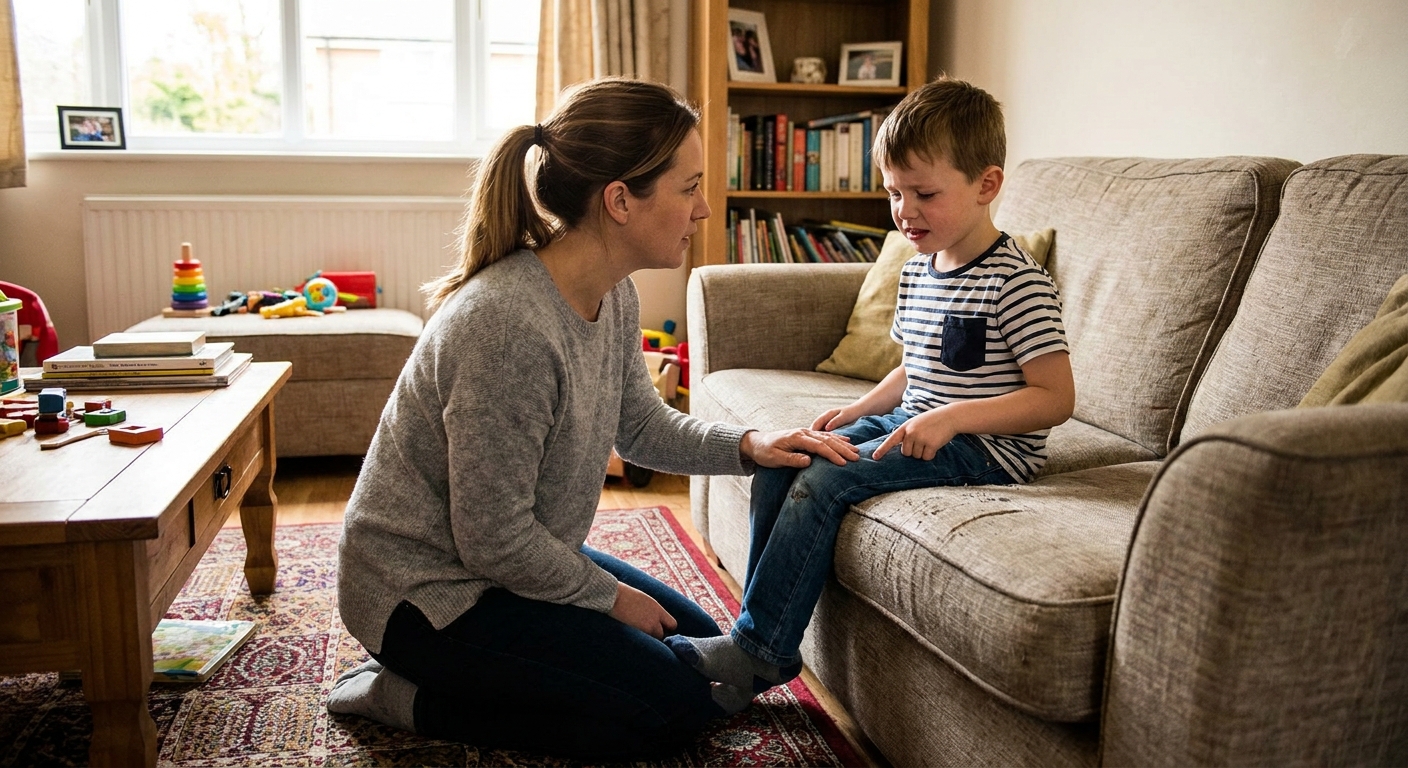 A parent kneeling beside a school-age child sitting on a couch, gently holding the child's knee as the child points to where it hurts, candid home photo