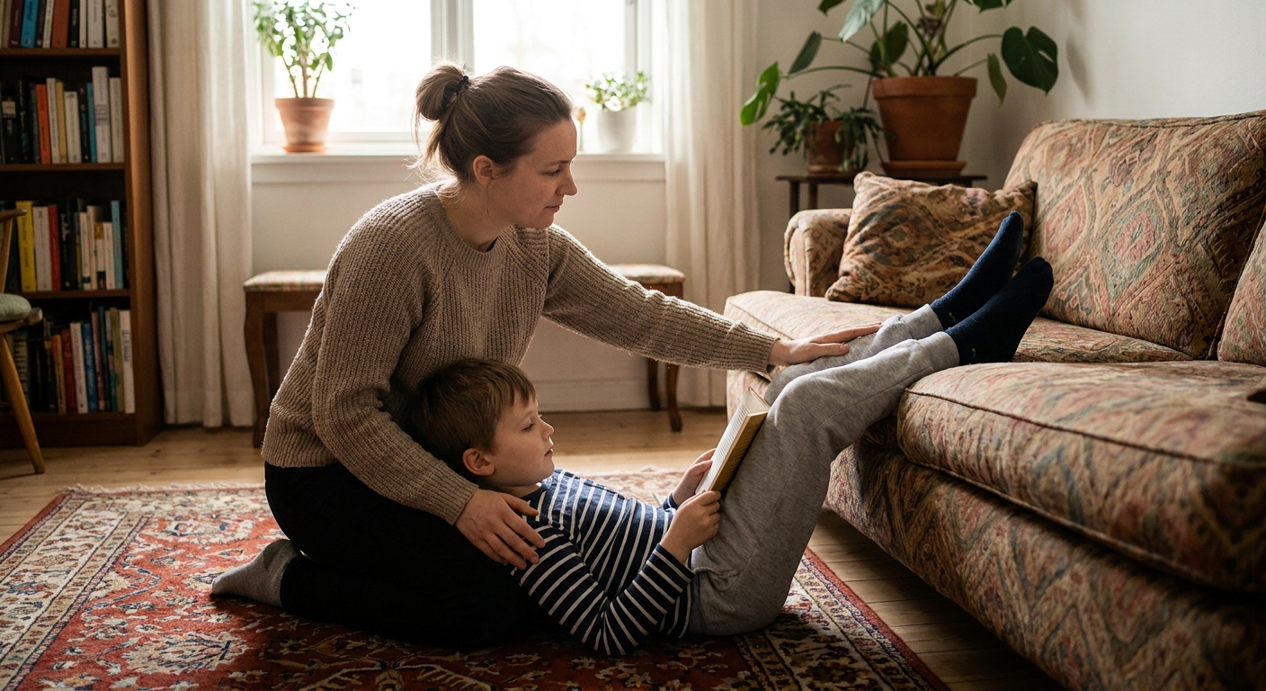 A parent kneeling beside a school-aged child lying on a living room rug with legs propped on a couch cushion, calm realistic home photo