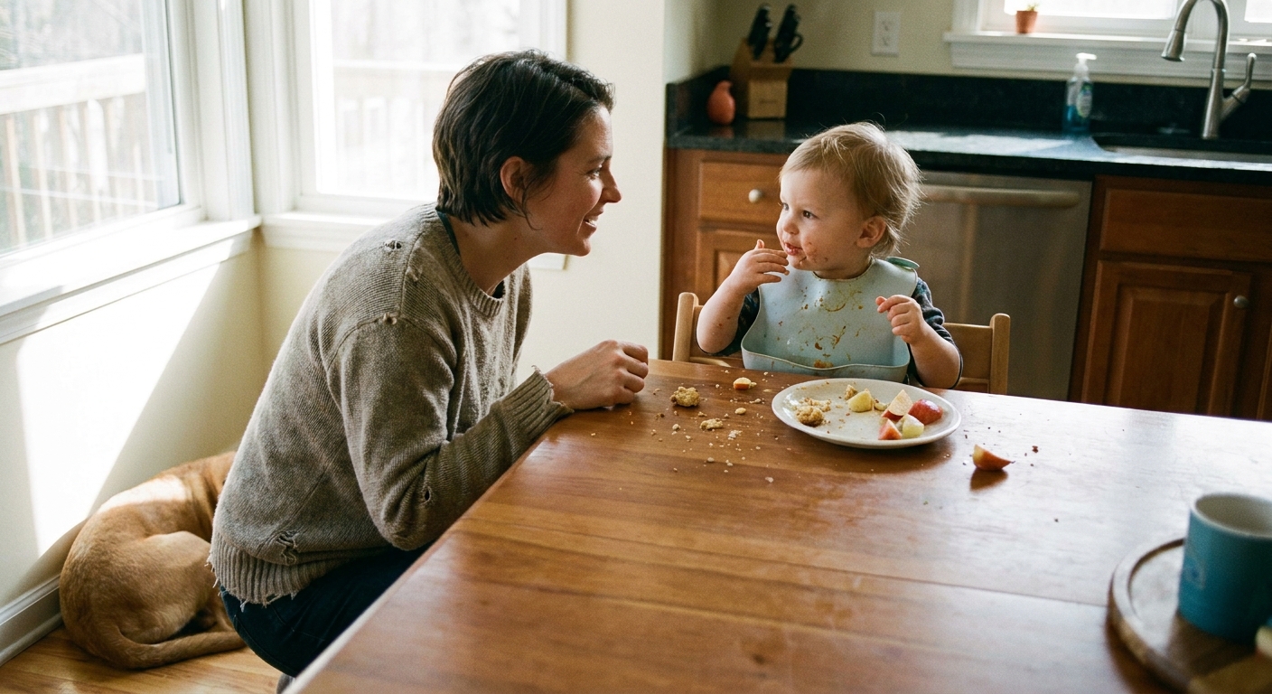 A parent kneeling beside a toddler at a kitchen table during snack time, both making eye contact and talking, candid family photography style