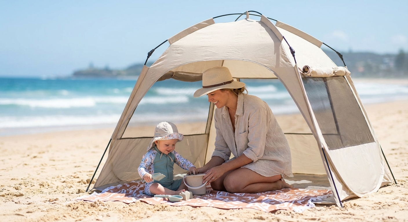 A parent kneeling next to a baby playing on a towel under a small beach shade tent, with the ocean blurred in the background, midday sun, photorealistic lifestyle photo