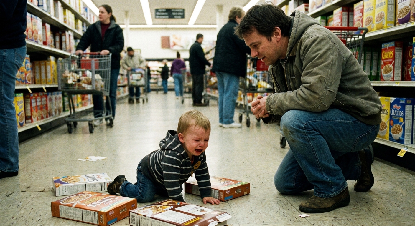 A parent kneeling next to a toddler having a tantrum in a grocery store aisle, the parent staying calm and speaking softly, realistic candid photography
