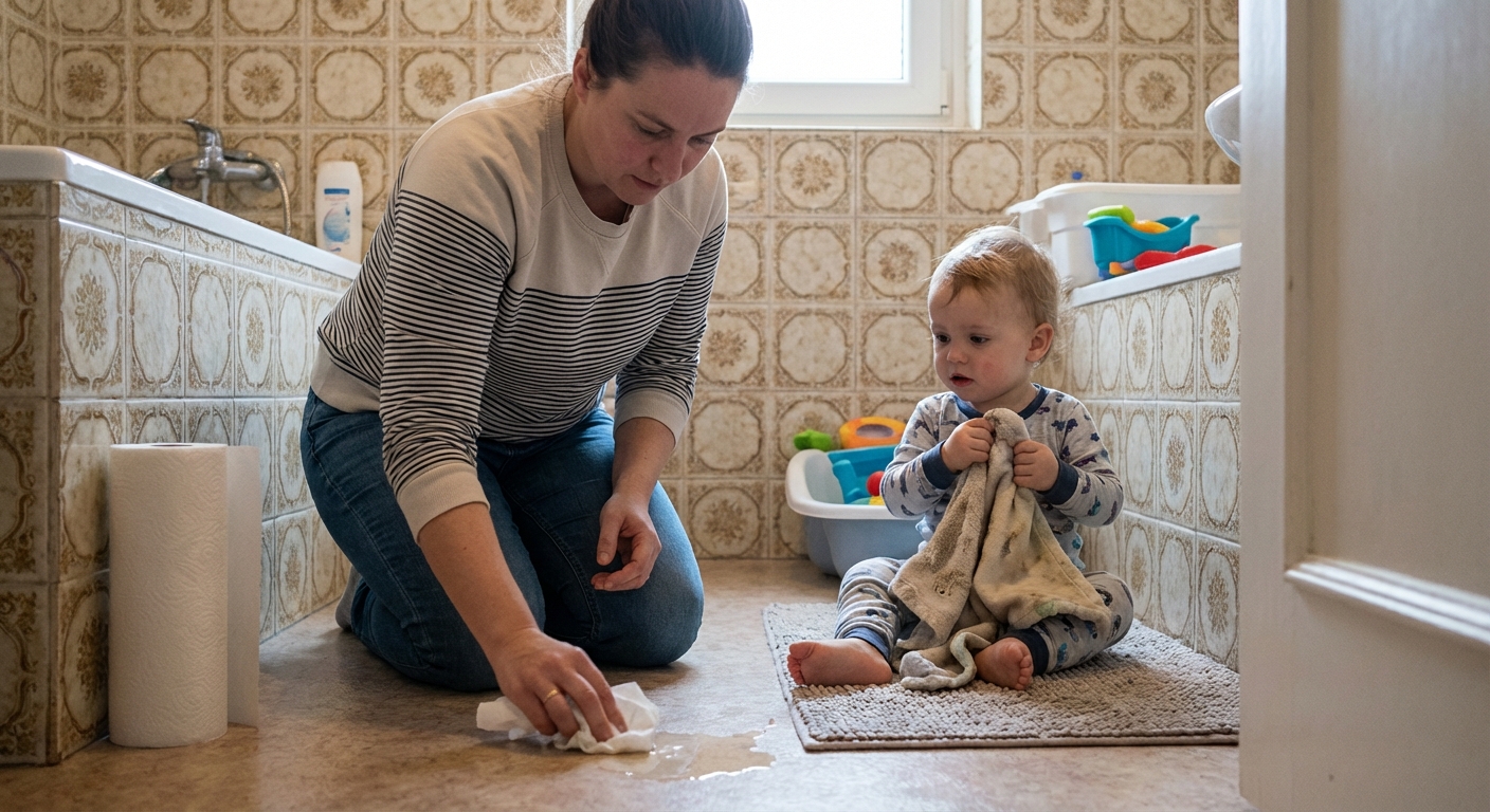 A parent kneeling on a bathroom tile floor wiping up a small spill with paper towels while a toddler sits nearby holding a blanket, realistic candid indoor photo