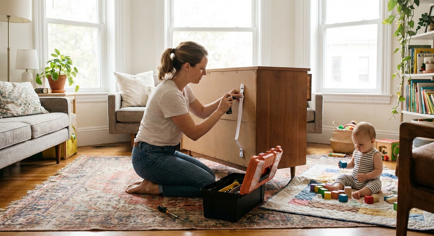 A parent kneeling on the floor attaching a furniture anti-tip strap to a dresser in a living room while a baby sits nearby with blocks, natural daylight, realistic home photo