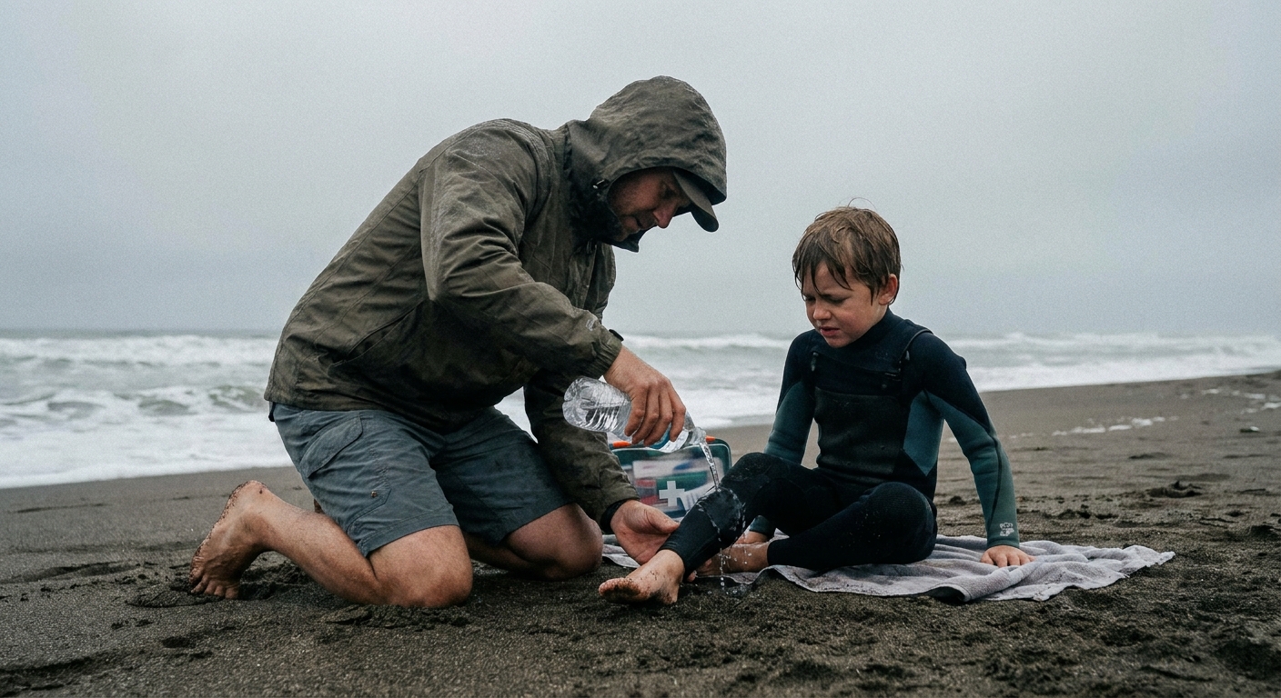 A parent kneeling on wet sand beside a child, carefully rinsing a jellyfish sting on the child's lower leg near the shoreline, candid beach photograph