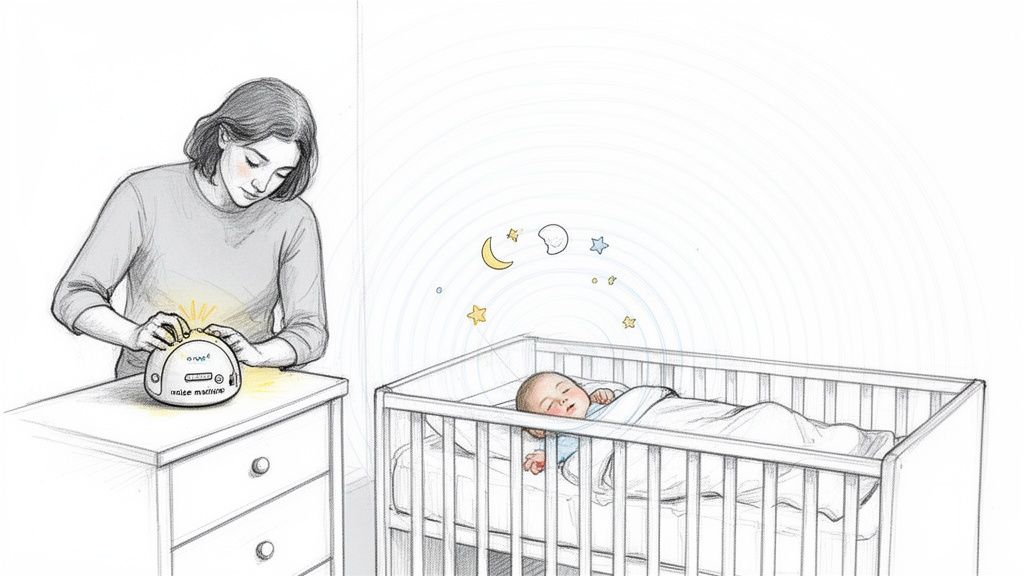 A parent leaning close to a baby in a crib, listening to the baby’s breathing in a calm dim room, realistic photo