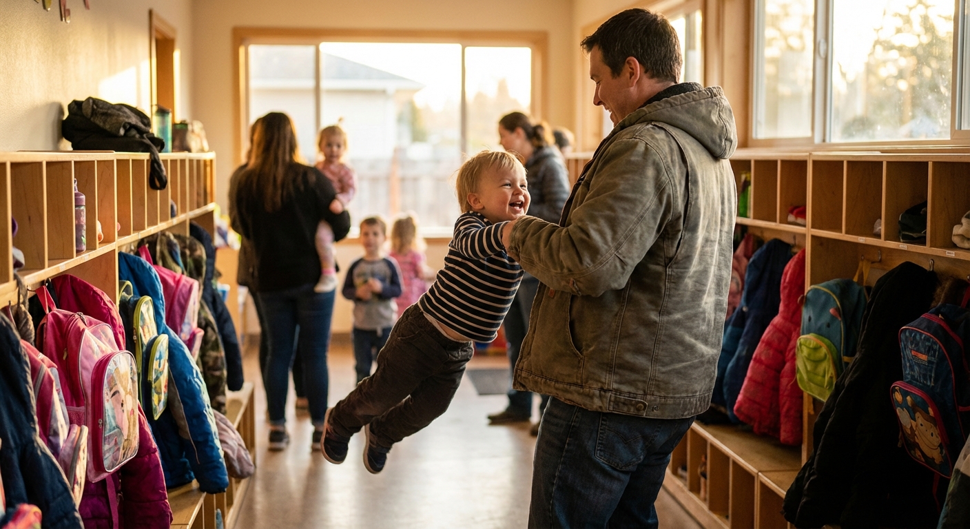A parent lifting a smiling toddler at daycare pickup near cubbies and backpacks, late afternoon natural light, candid photorealistic photography