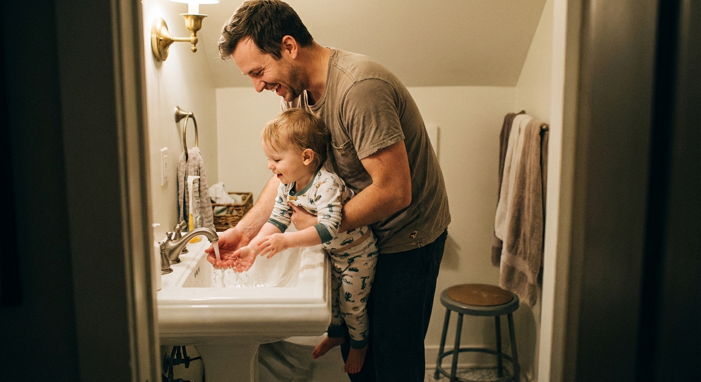 A parent lifting a toddler to reach a bathroom sink while they wash hands together, warm indoor lighting, candid family lifestyle photograph