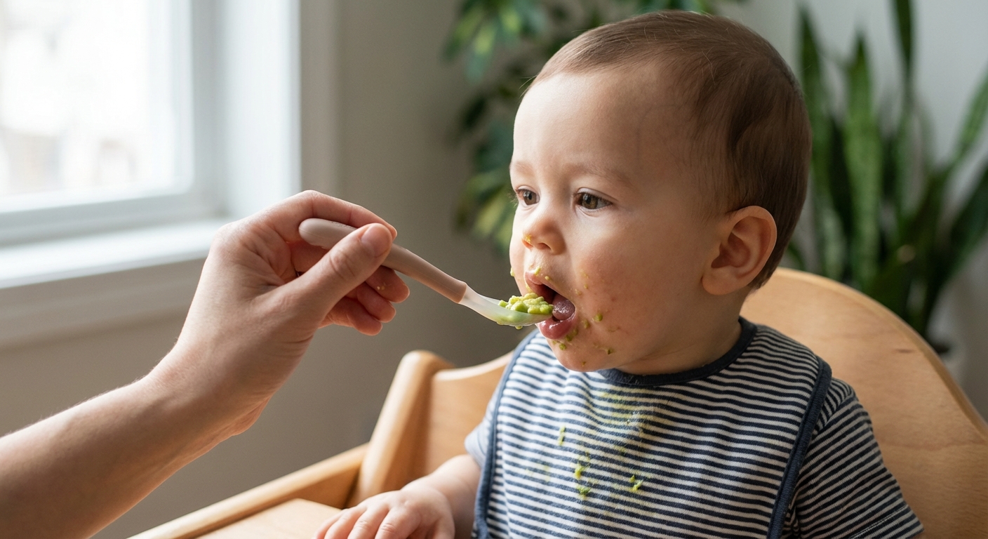 A parent offering a baby small soft pieces of food while the baby sits upright in a high chair, close-up with focus on the baby’s mouth and the spoon, natural window light