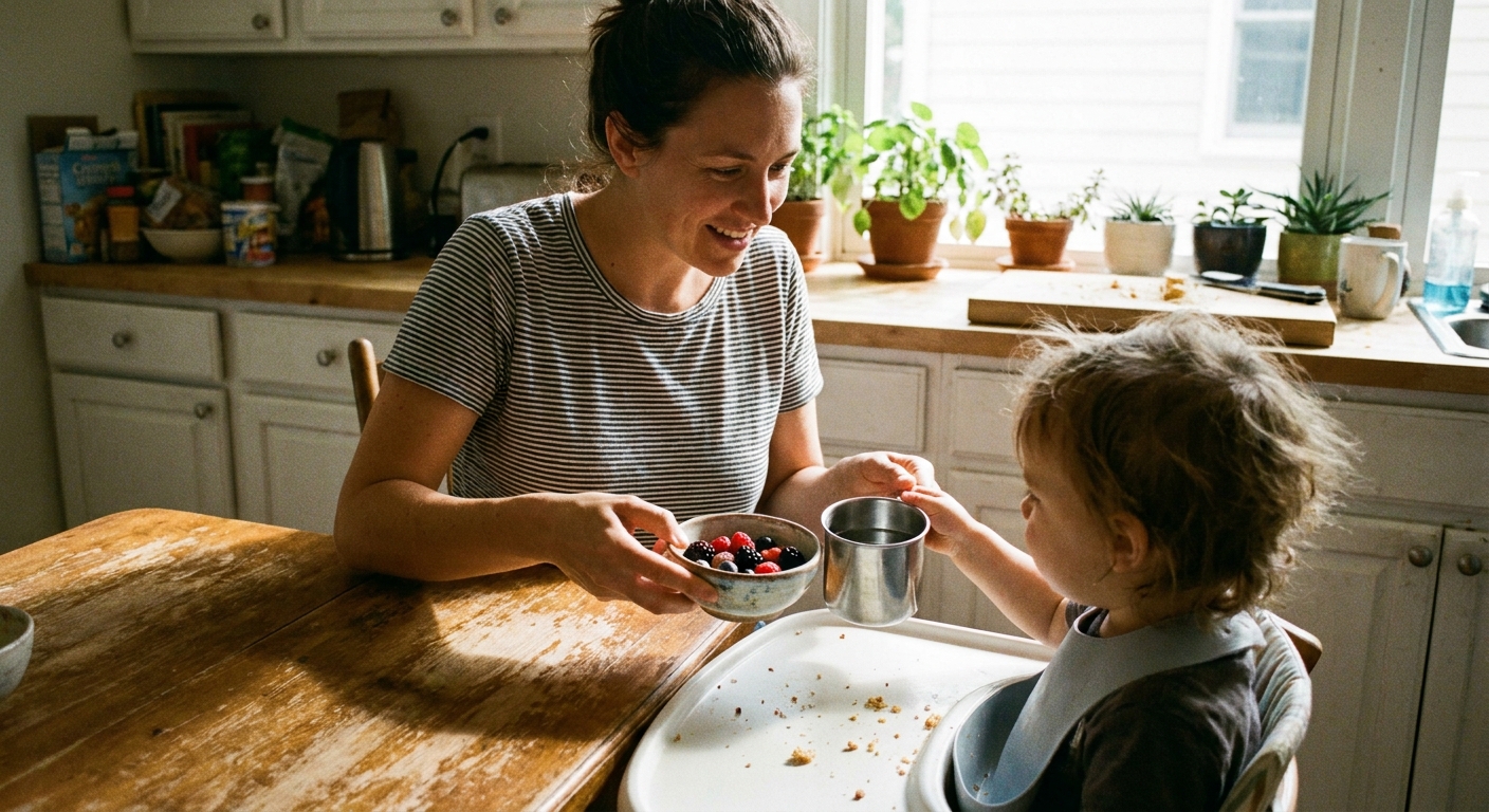 A parent offering a small bowl of berries and a cup of water to a child at a kitchen table, natural home photograph